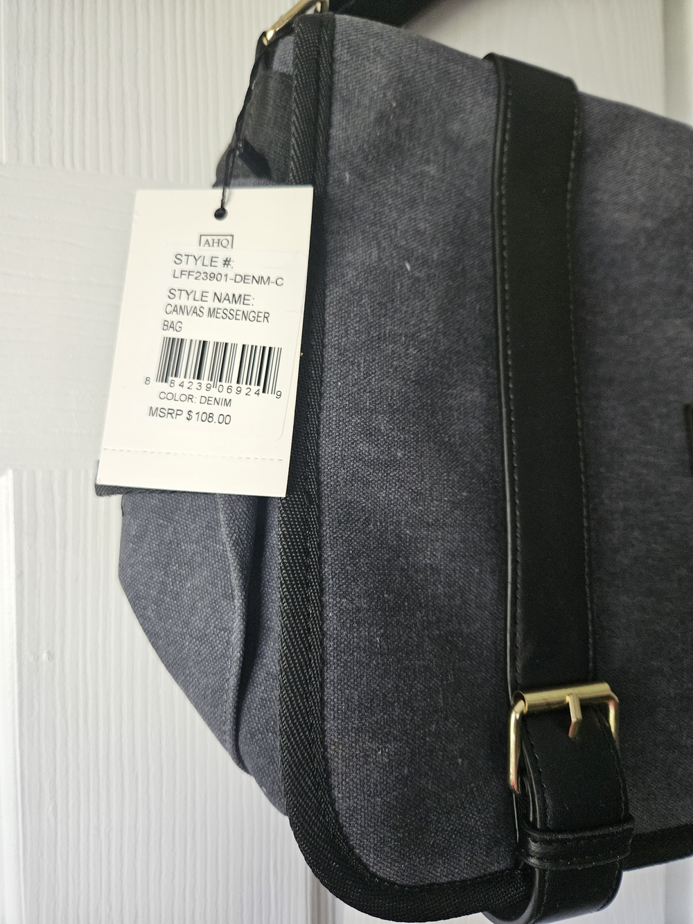 London Fog Denim Canvas Laptop Messenger Bag with Black Strap